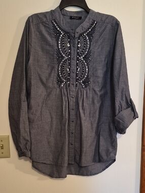 FYLO Charcoal Gray Embellished Button-Down Tunic SZ M